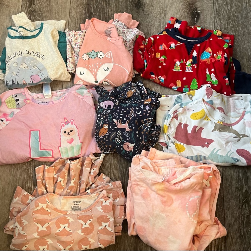 Lot 8 Girls Winter Long Pajamas Sleep Sets 10/12 Pink Green Red Comfortable